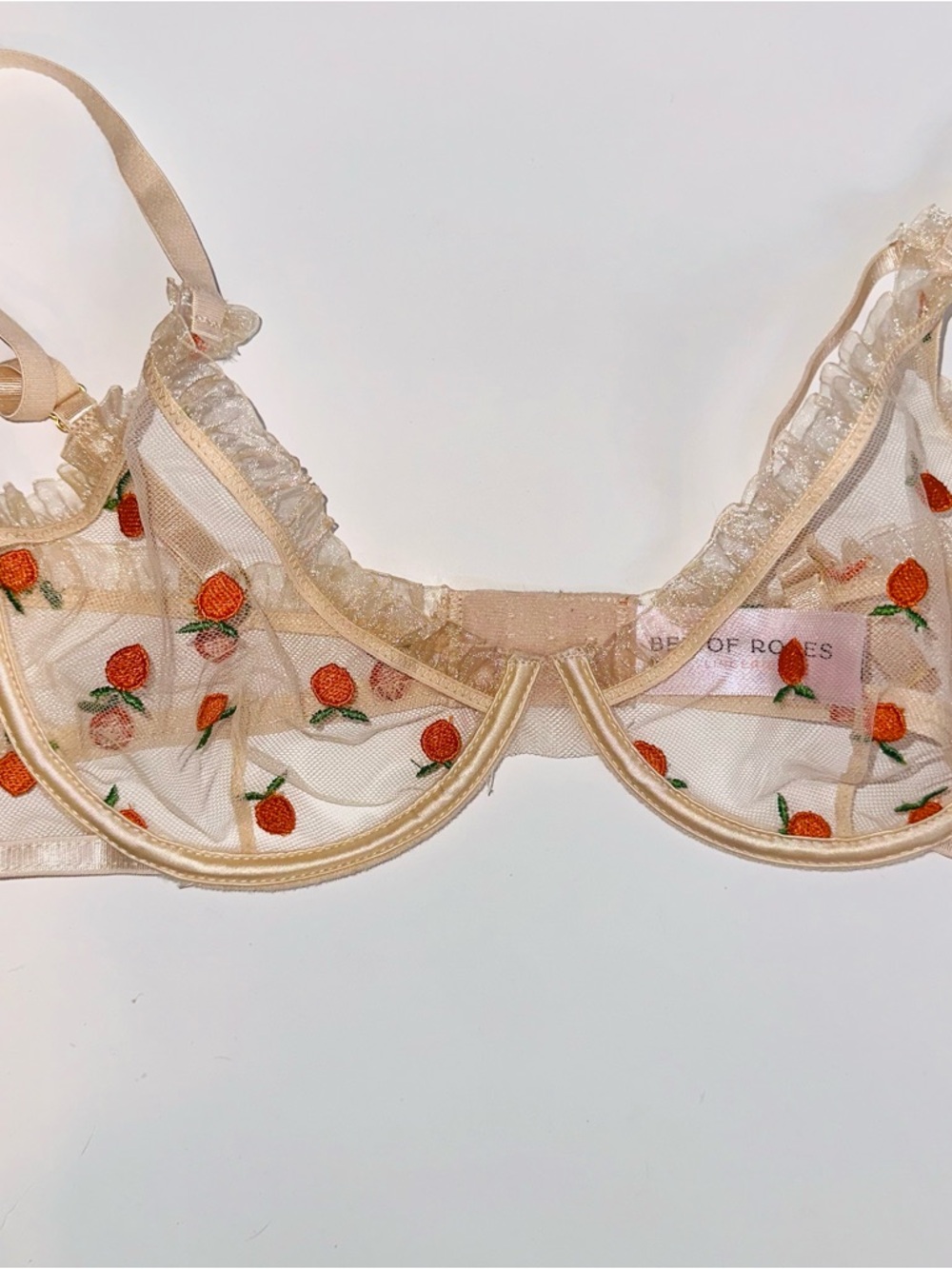 Sheer Embroidered Rose Underwire Bra in Cream and Orange by